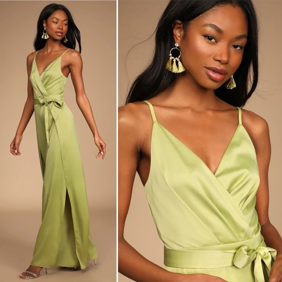 Lulus Classy Night Out Lime Green Satin Slit Leg Jumpsuit XL cocktail event - Picture 13 of 13